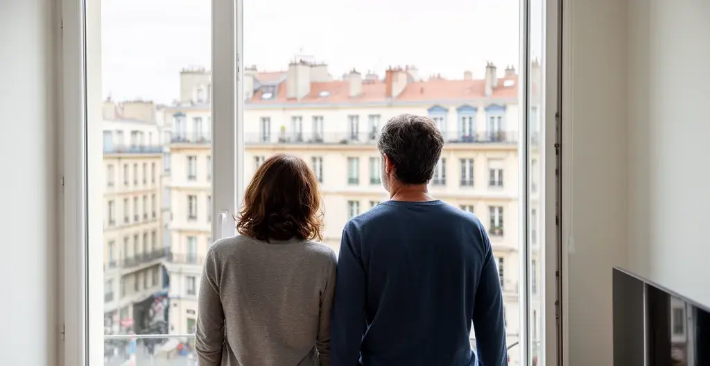 Couple visitant appartement lumineux avec vue sur quartier lyonnais pour choisir agence