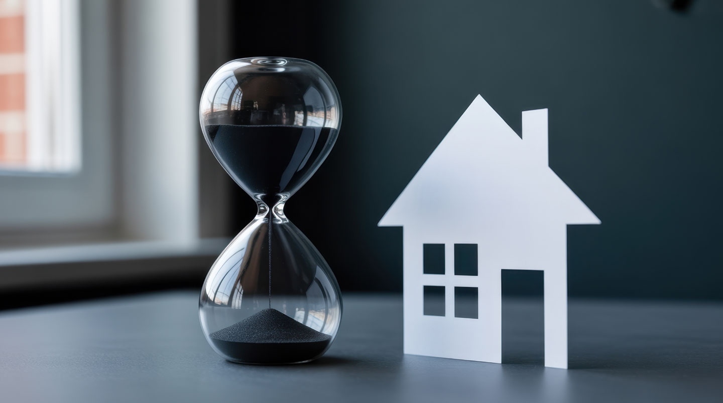 Sablier en bois clair avec maquette de maison miniature, symbolisant le temps de vente immobilière et les délais normaux