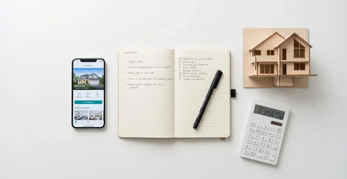 Flat lay bureau blanc avec smartphone application immobilière, carnet checklist, maquette maison, calculatrice, symbolisant les outils d'action pour vente