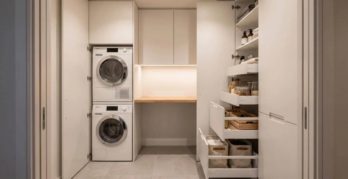 Buanderie sur mesure de 3 m² avec colonnes intégrées du sol au plafond, électroménager encastré à gauche, tiroirs et étagères de rangement à droite, finitions blanches mates et plan de travail suspendu