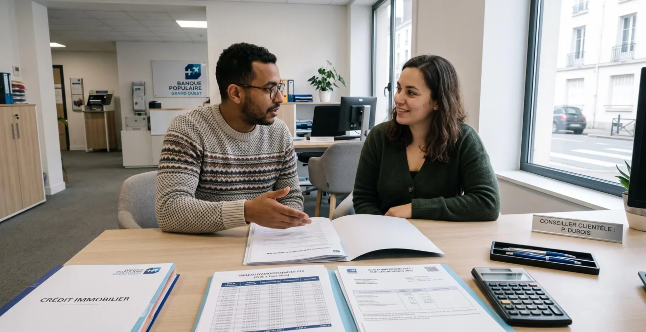 Couple discutant d'un dossier de prêt à taux zéro avec un conseiller bancaire dans un bureau contemporain, documents financiers et calculatrice sur la table