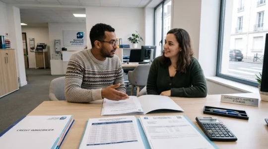 Couple discutant d'un dossier de prêt à taux zéro avec un conseiller bancaire dans un bureau contemporain, documents financiers et calculatrice sur la table