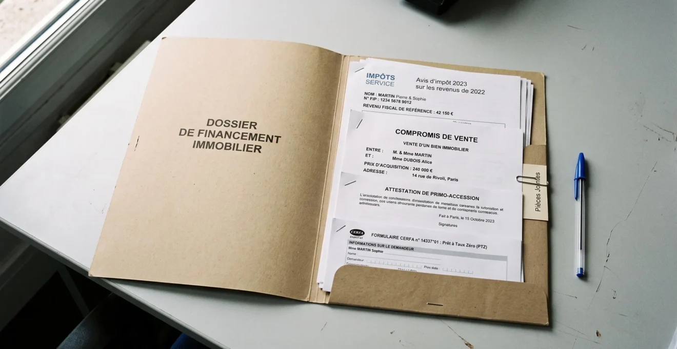 Dossier de demande de prêt à taux zéro ouvert sur une table, avec avis d'imposition, attestations et formulaires administratifs français