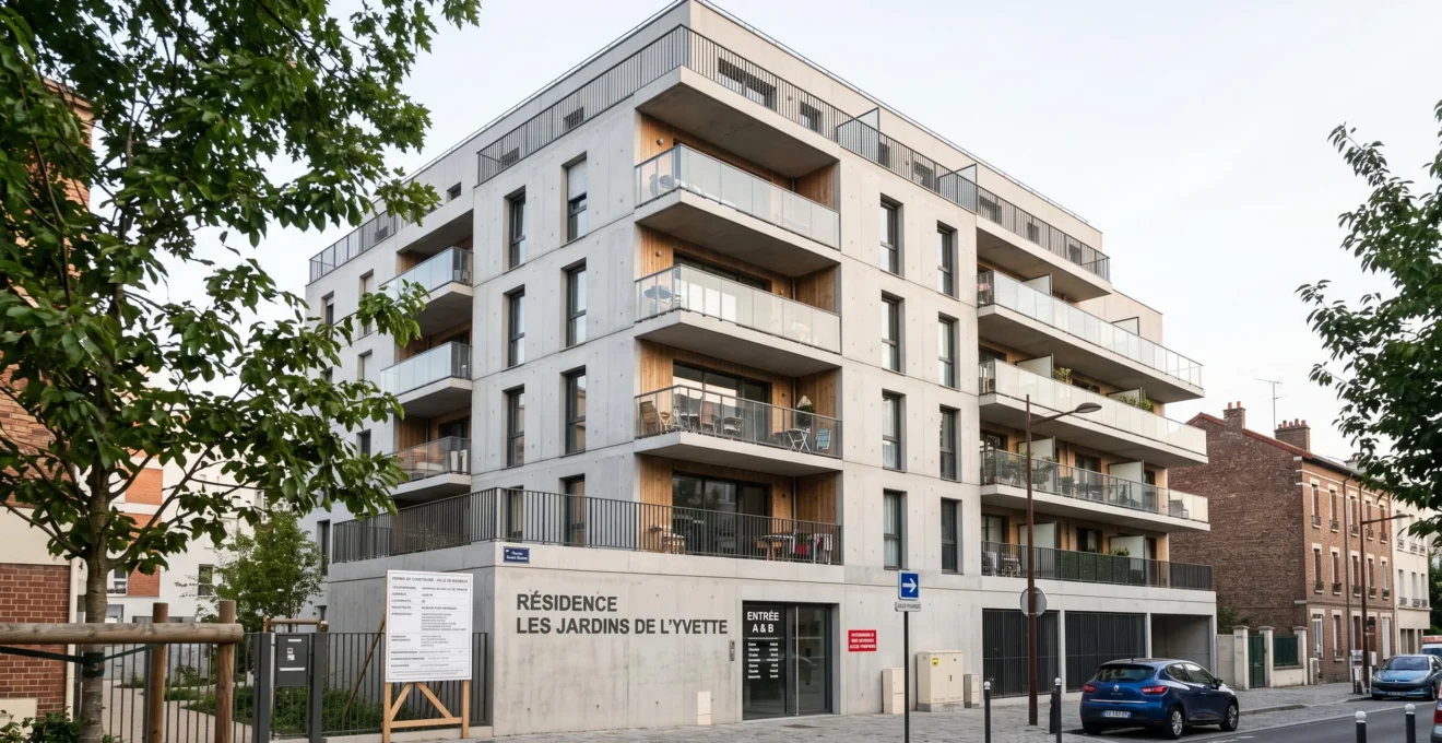 Immeuble collectif neuf contemporain avec façade en béton clair et verre, conforme aux normes RE 2020, dans un contexte urbain français