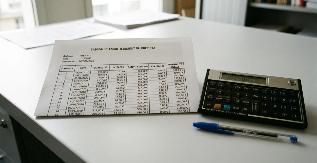 Gros plan sur un tableau d'amortissement de prêt à taux zéro montrant les périodes de différé et les mensualités de remboursement, avec calculatrice financière
